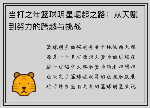当打之年篮球明星崛起之路：从天赋到努力的跨越与挑战